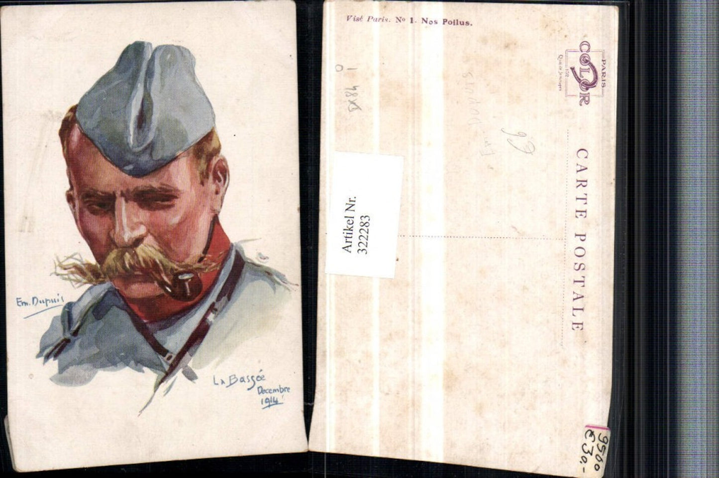 322283,Künstler AK Em. Dupuis La Bassoe 1914 Mann m. Pfeife Mütze Portrait