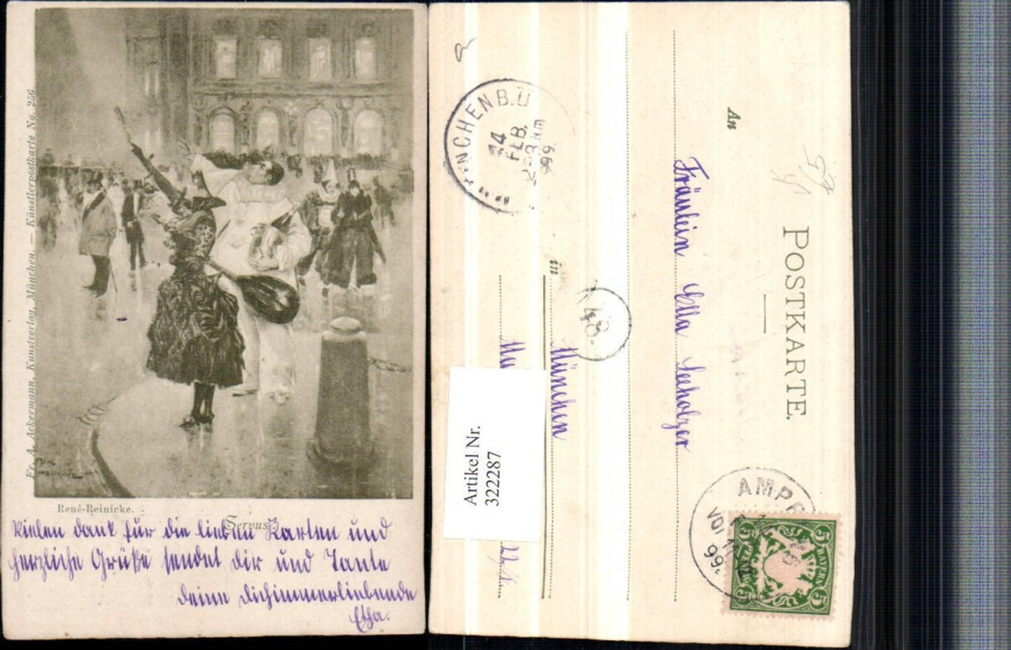322287,Künstler AK Rene-Reinicke Servus Frau m. Kleid Harlekin Mandoline pub A. Ackermann 256
