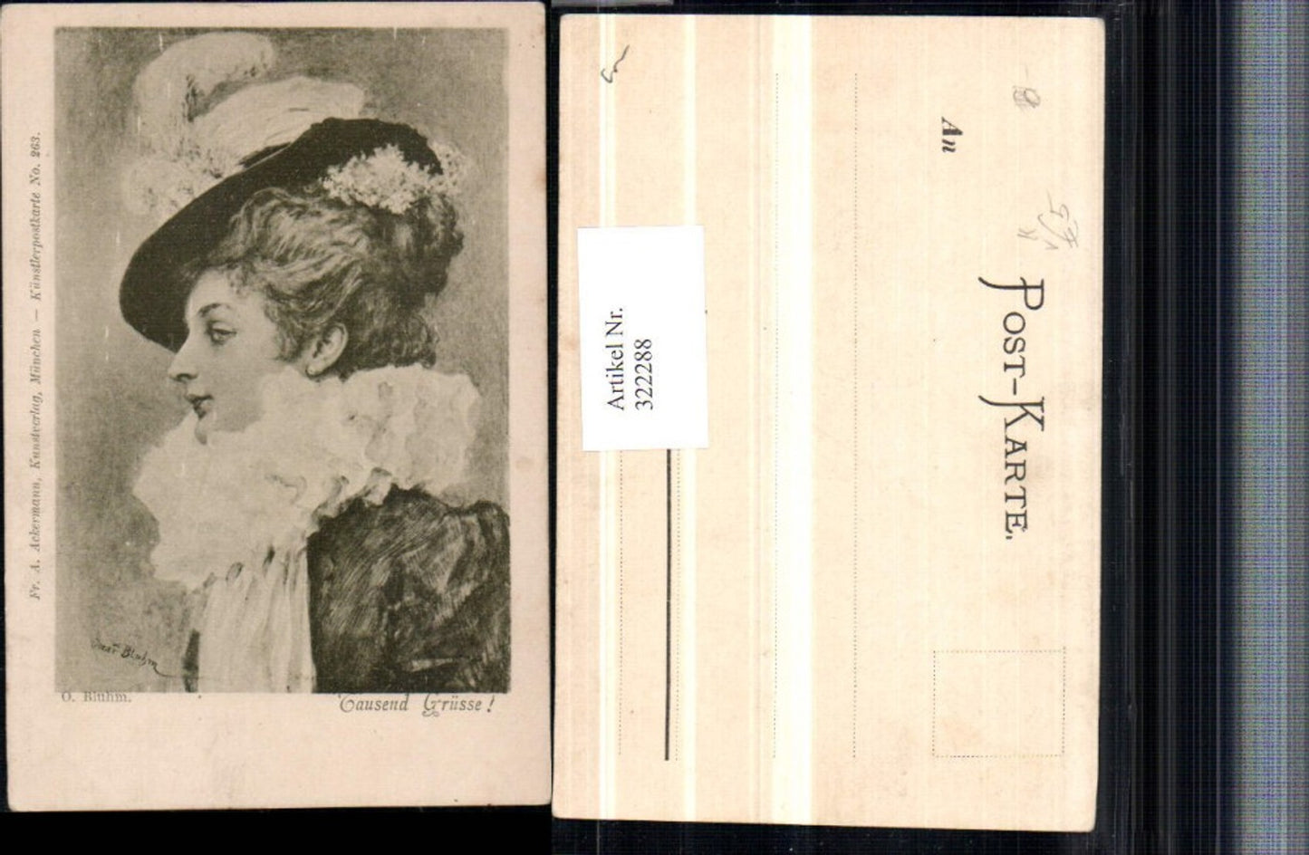 322288, Artist AK Oscar Bluhm Woman with Hat Hat Fashion Portrait pub A. Ackermann 263