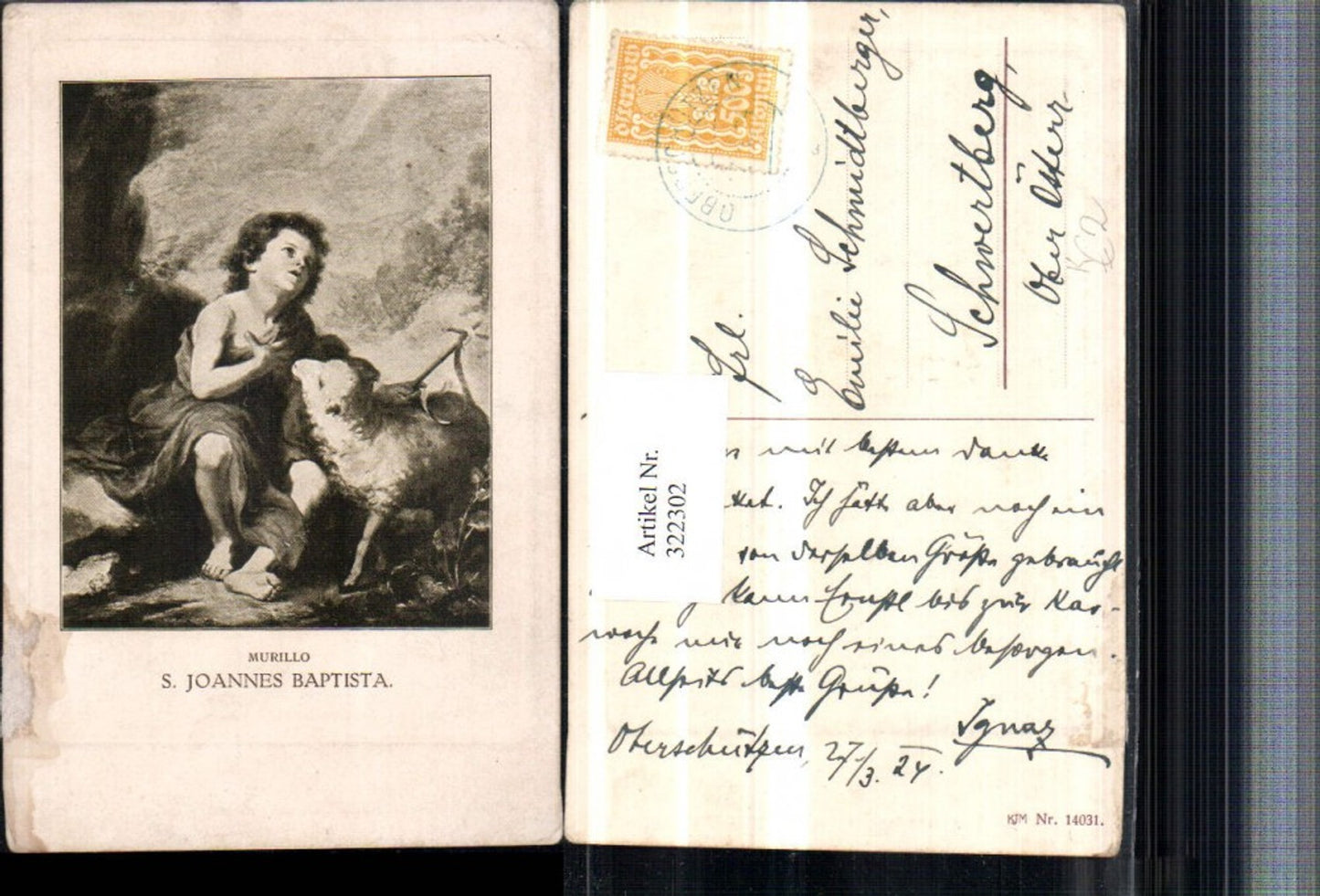 322302,Künstler AK Murillo S. Joannes Baptista Junge m. Lamm Schaf