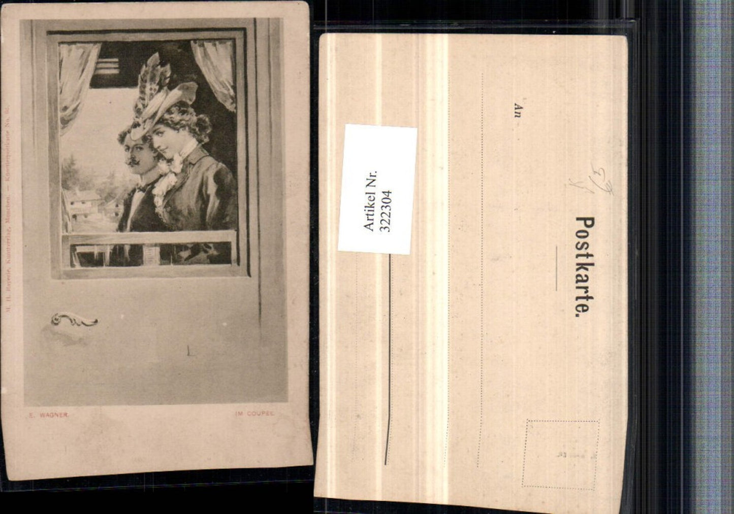 322304,Künstler AK E. Wagner Im Coupee Wagen Frau m. Federhut pub M.H. Bayerle 66