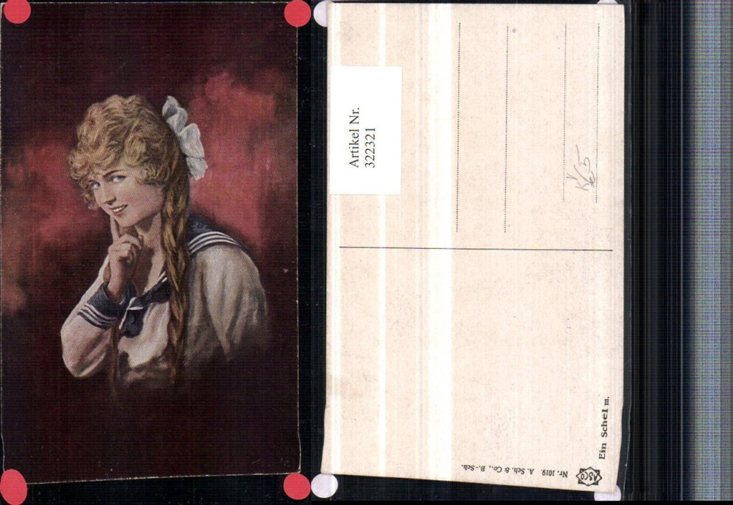 322321,Asco AK 1019 Künstlerkarte Ein Schelm Mädchen m. Zöpfen Matrosenuniform Portrait