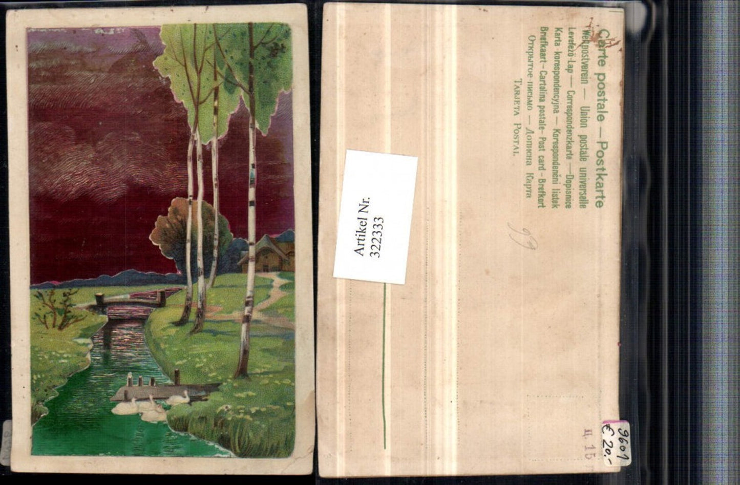 322333,Künstler AK Applikation Landschaft Bach Steg Brücke Schwäne