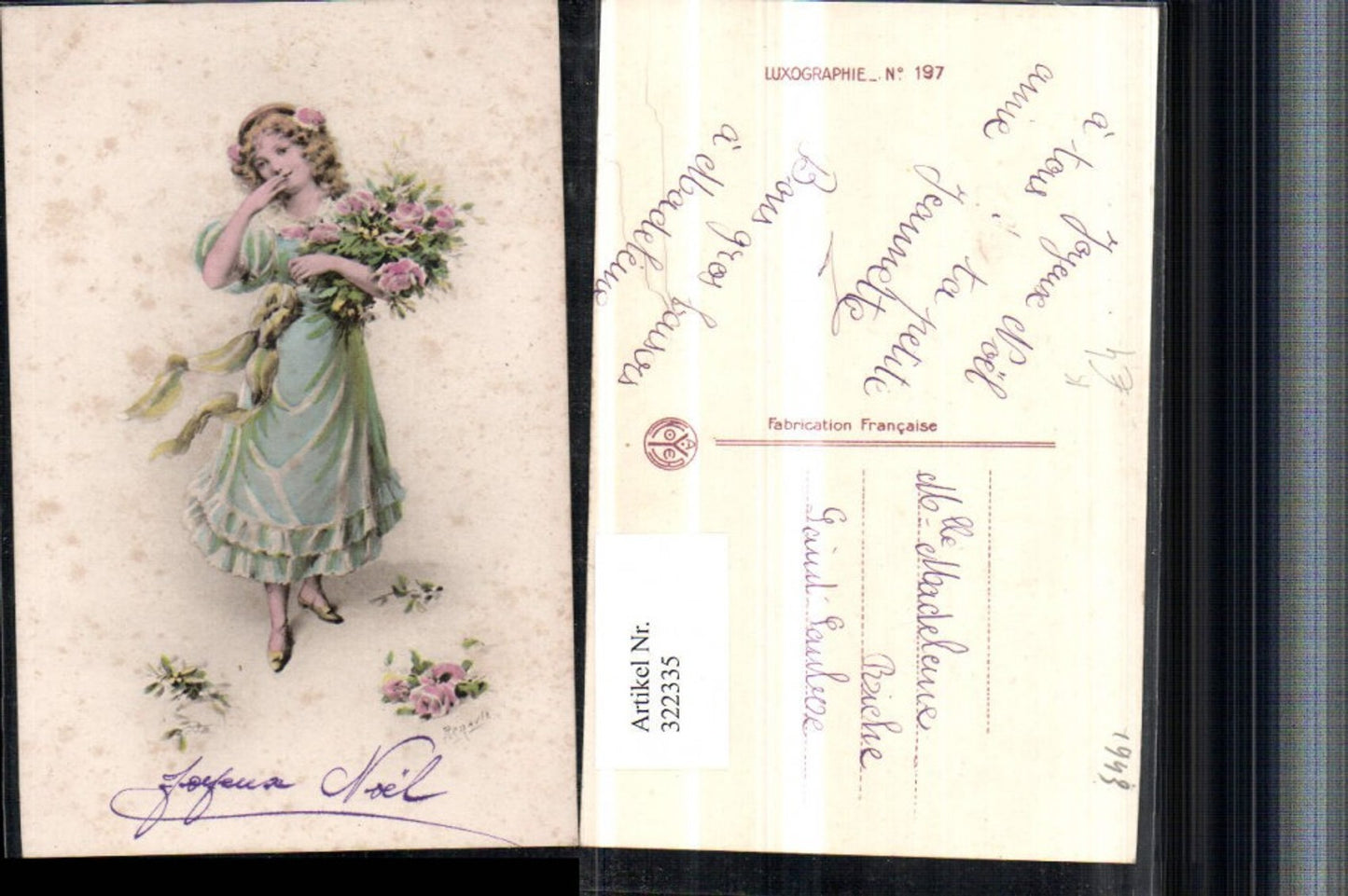 322335,Künstler AK Renault Frau Mädchen m. Kleid Blumenstrauß Blumen