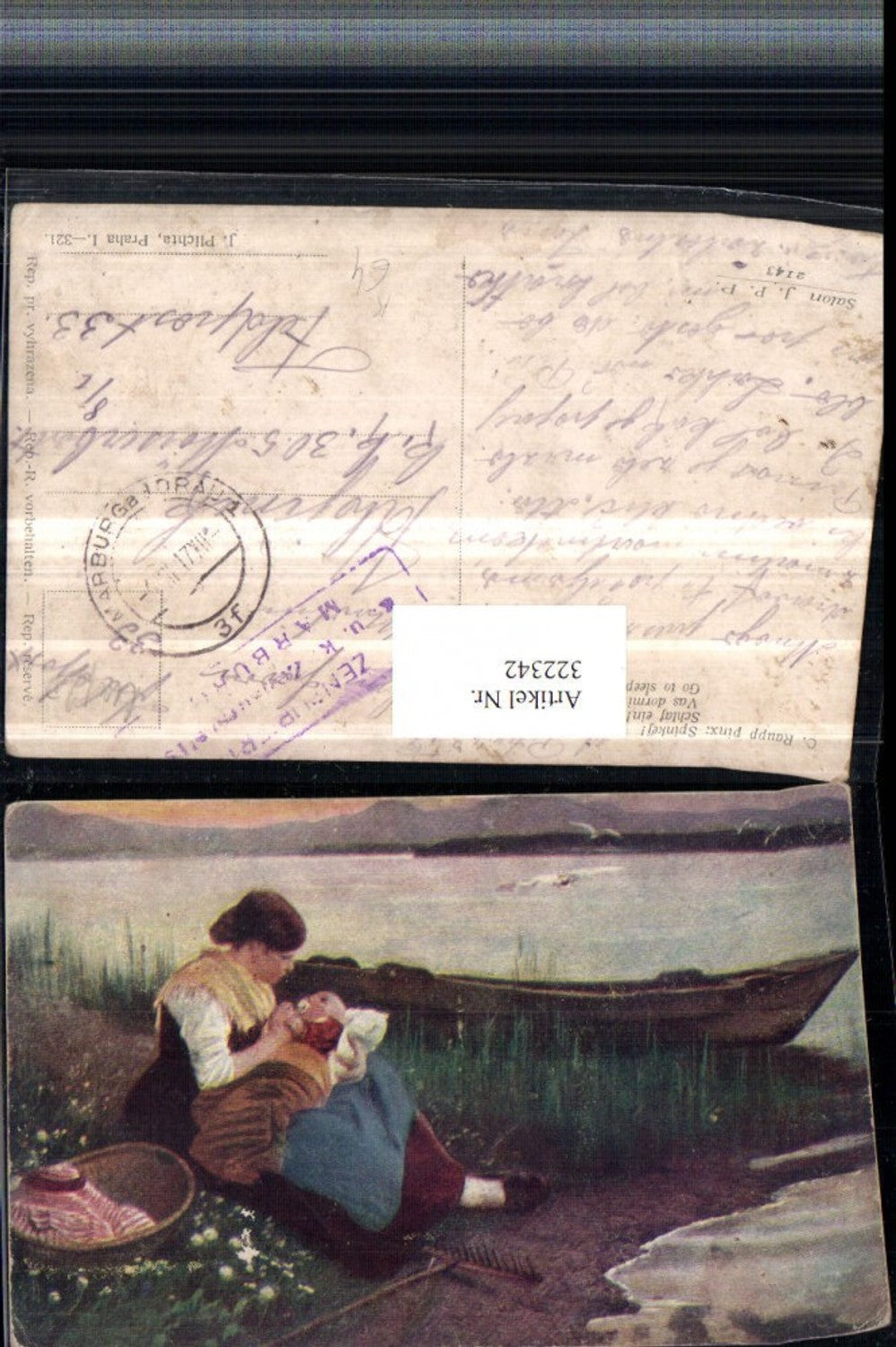322342,Künstler AK C. Raupp Schlaf ein Frau Mutter m. Kind Baby Ufer See Ruderboot