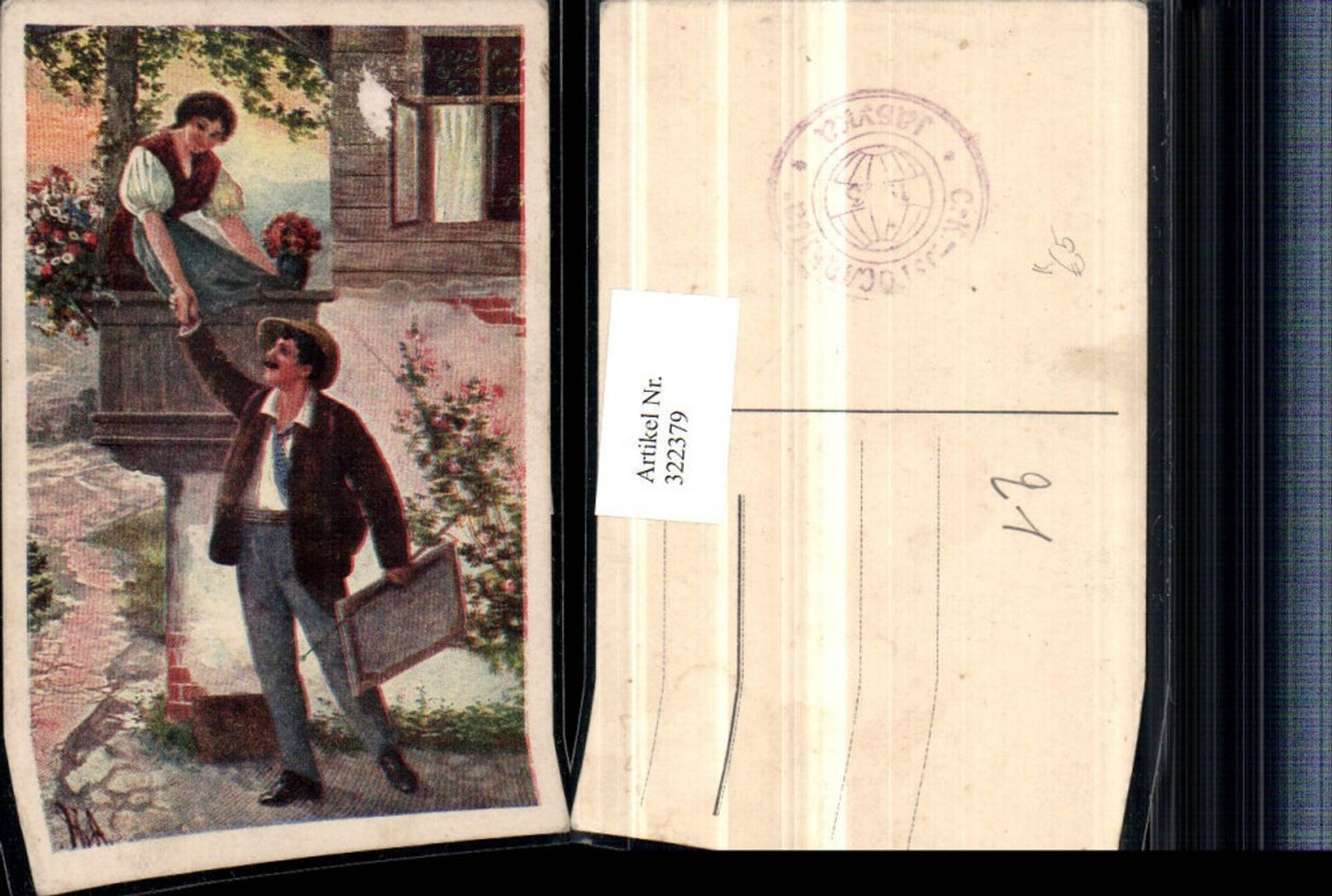 322379,Künstler AK Liebe Paar Hand in Hand Balkon Mann m. Hut