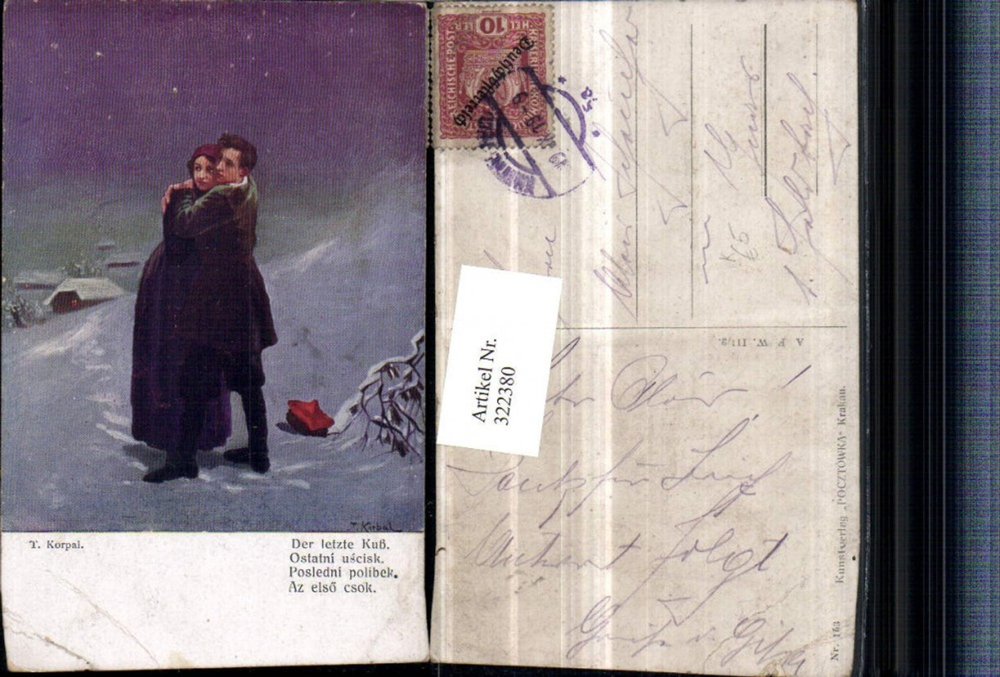 322380,Künstler AK T. Korpal Der letzte Kuss Liebe Paar Winterlandschaft