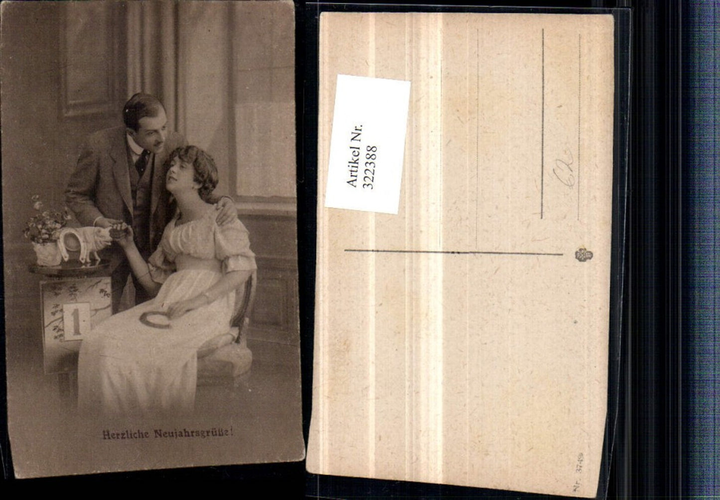 322388,Neujahr Liebe Paar Frau m. Kleid Hufeisen Kalenderblatt Ferkel
