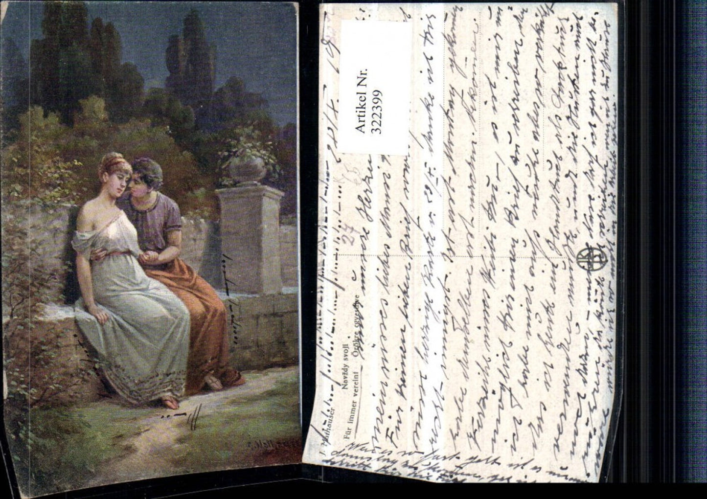322399,Künstler AK J. Mathauser Für immer vereint Liebe Paar Toga