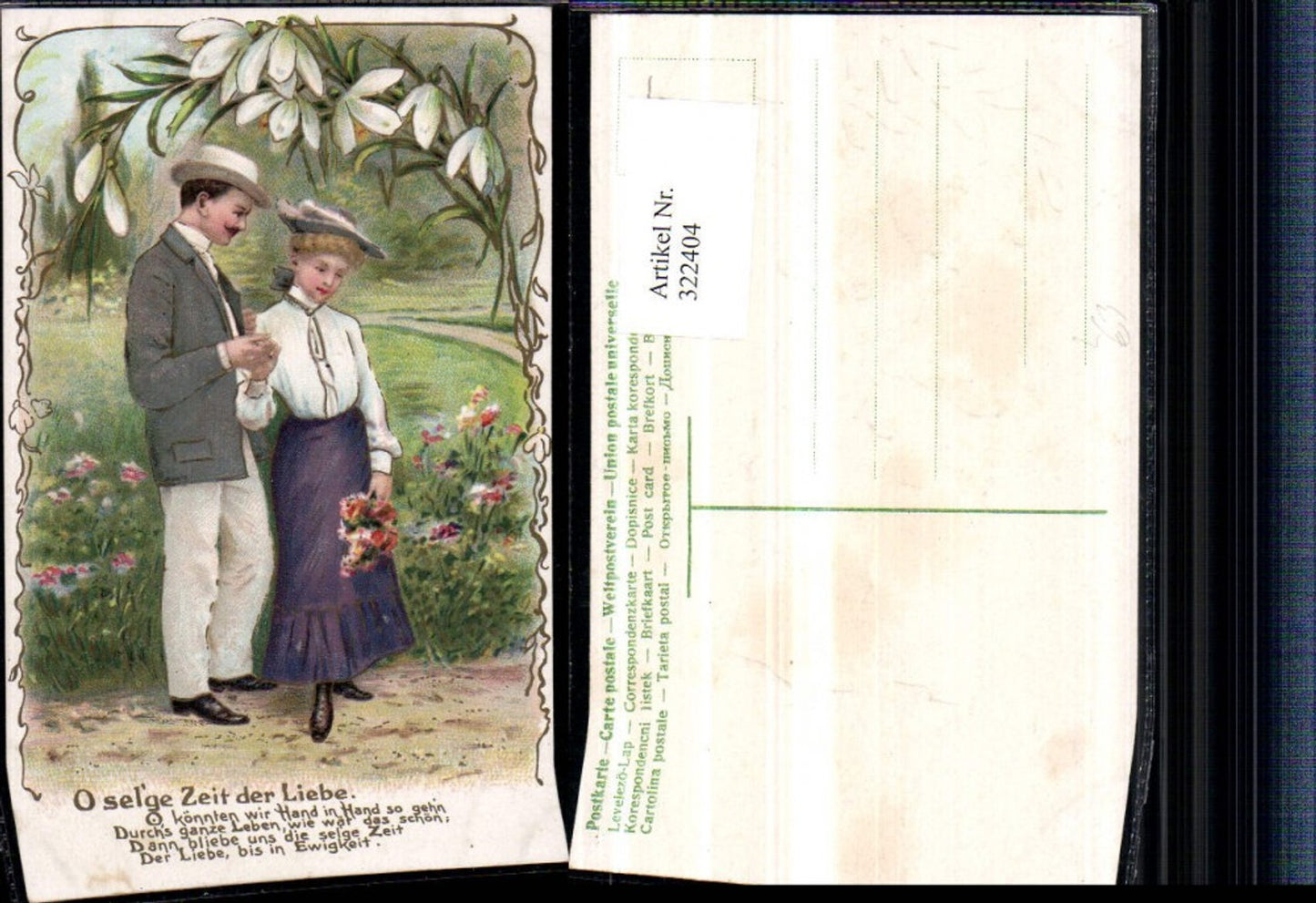 322404,Präge Litho O selige Zeit der Liebe Liebe Paar Hand in Hand Hüte Blumen Spruch