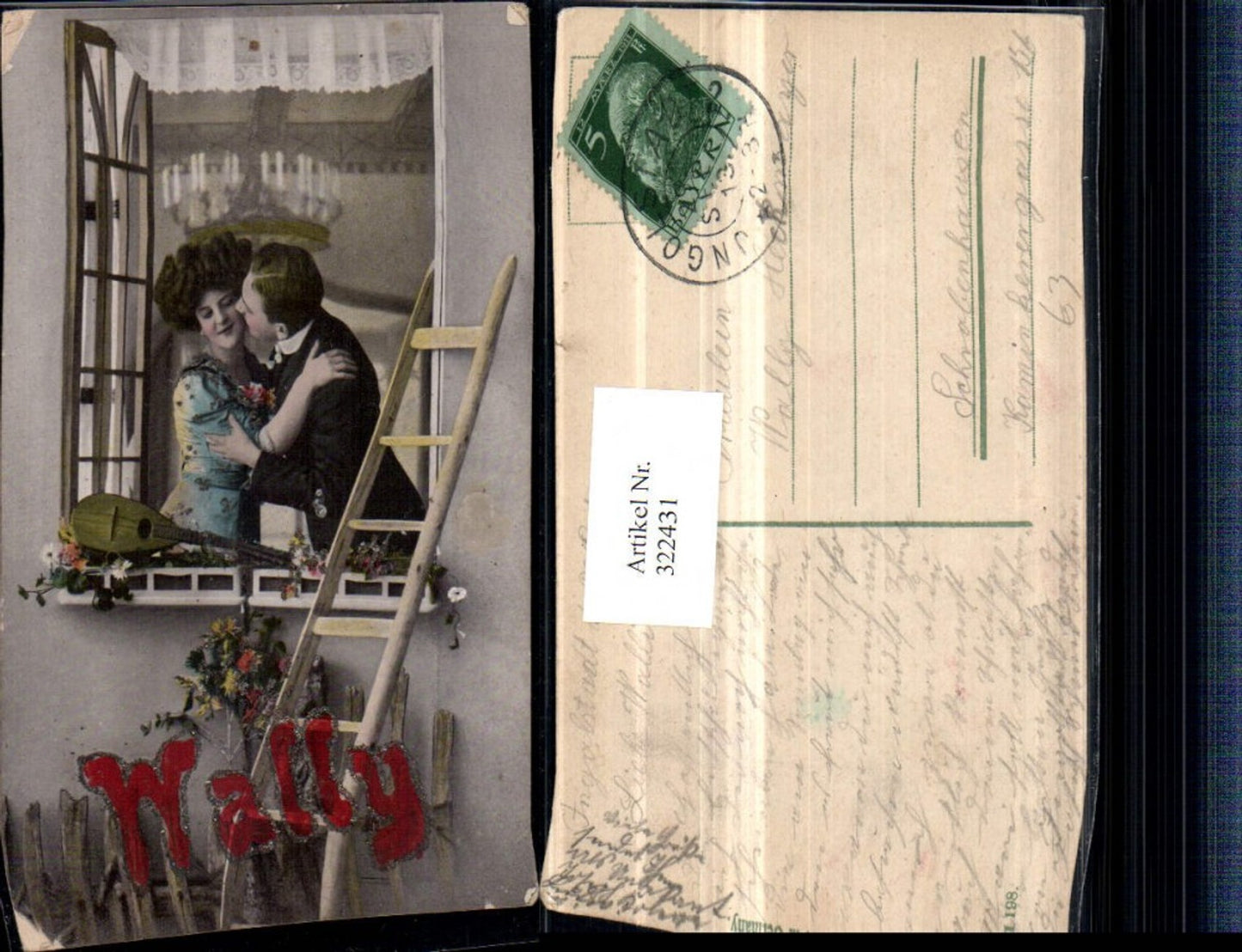 322431,Glitzerkarte Liebe Paar Wangenkuss Fenster Mandoline Leiter