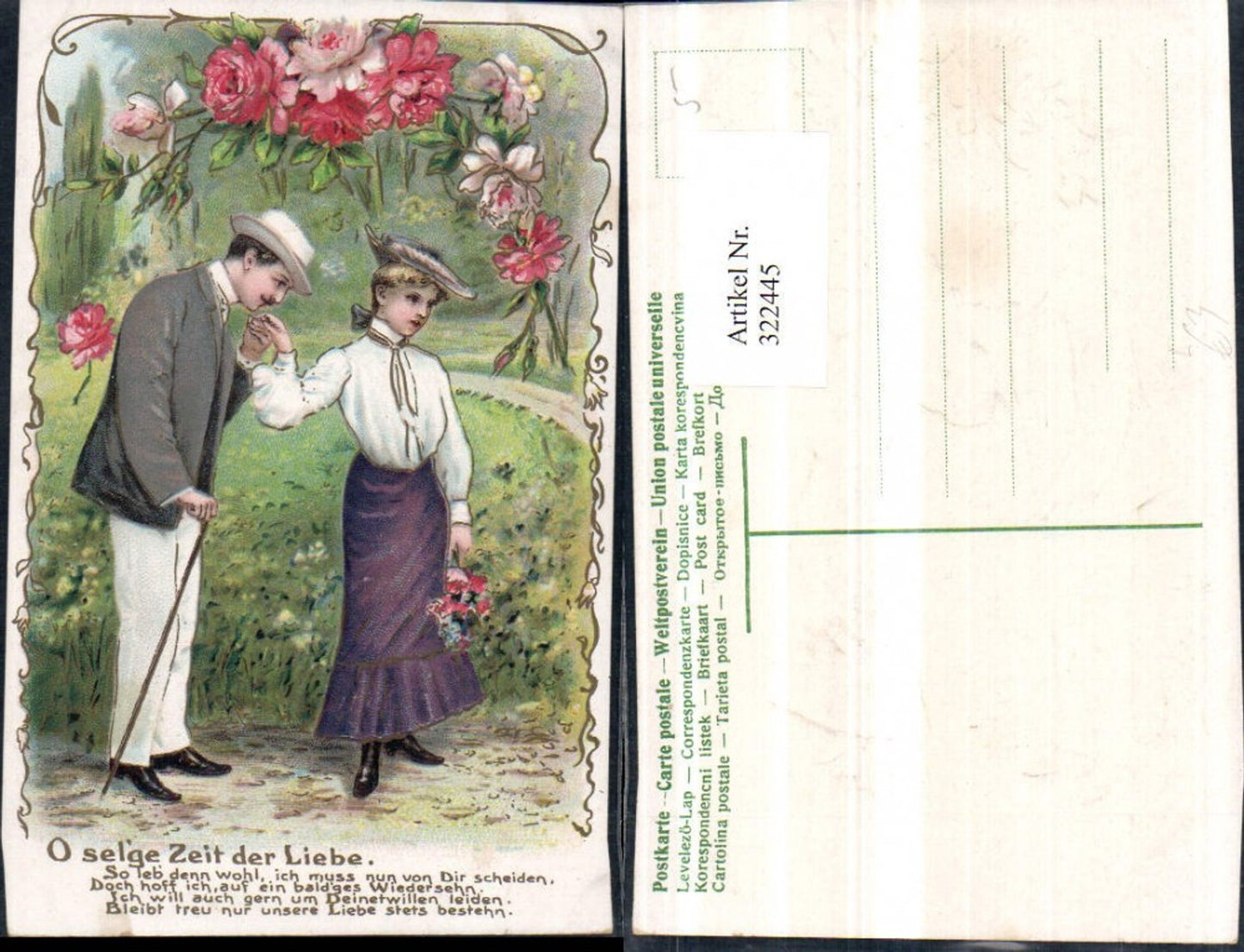 322445,Präge Litho O selge Zeit der Liebe Paar Hüte Handkuss Blumen Spruch