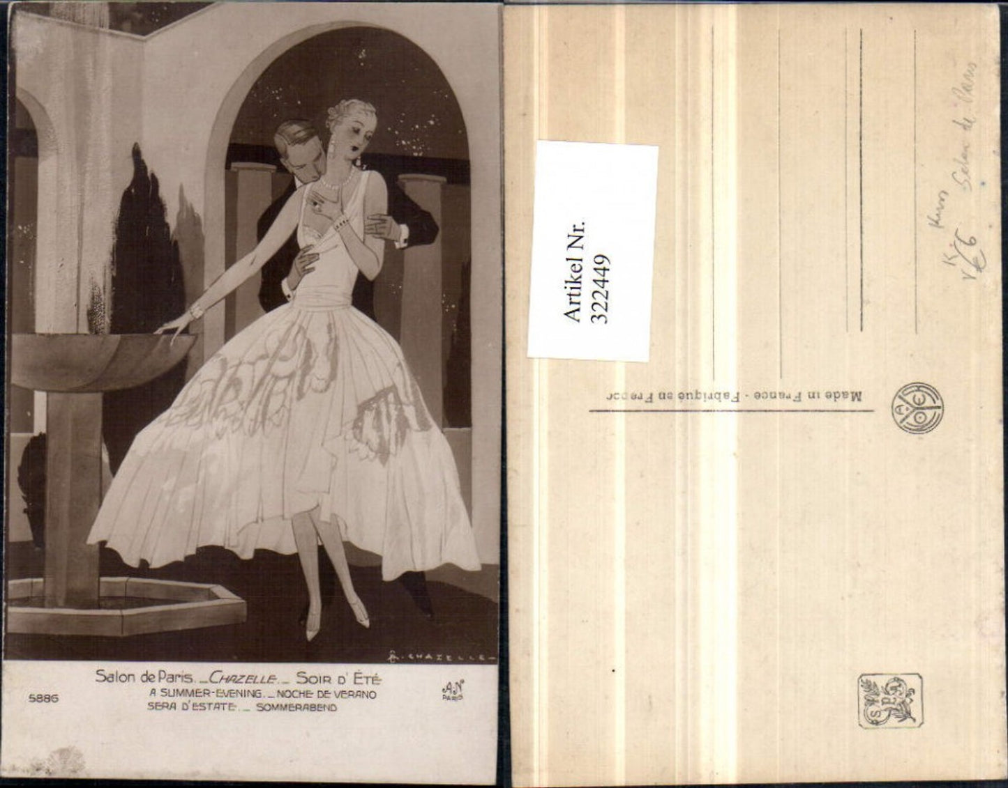 322449,Künstler AK Chazelle Sommerabend Liebe Paar Frau m. Kleid pub Salon de Paris 5886