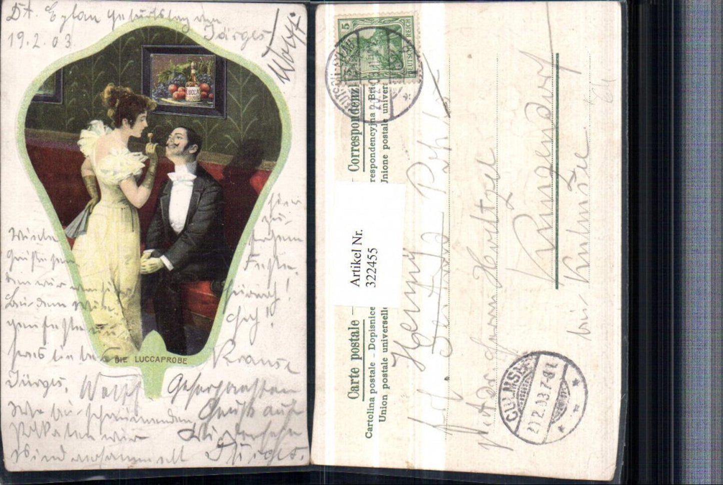 322455,Präge Künstler Litho Der Feinschmecker Liebe Frau m. Kleid Fächer Passepartout