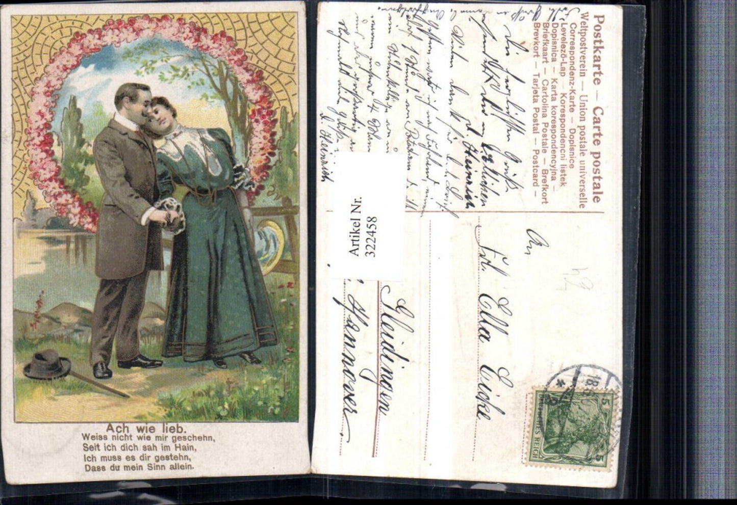 322458,Präge Litho Ach wie lieb Liebe Paar Frau m. Kleid Hut Blumen Spruch