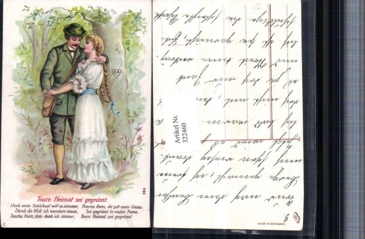322460,Präge Litho Teure Heimat sei gegrüßt Liebe Paar Frau m. Zöpfen Kleid Spruch