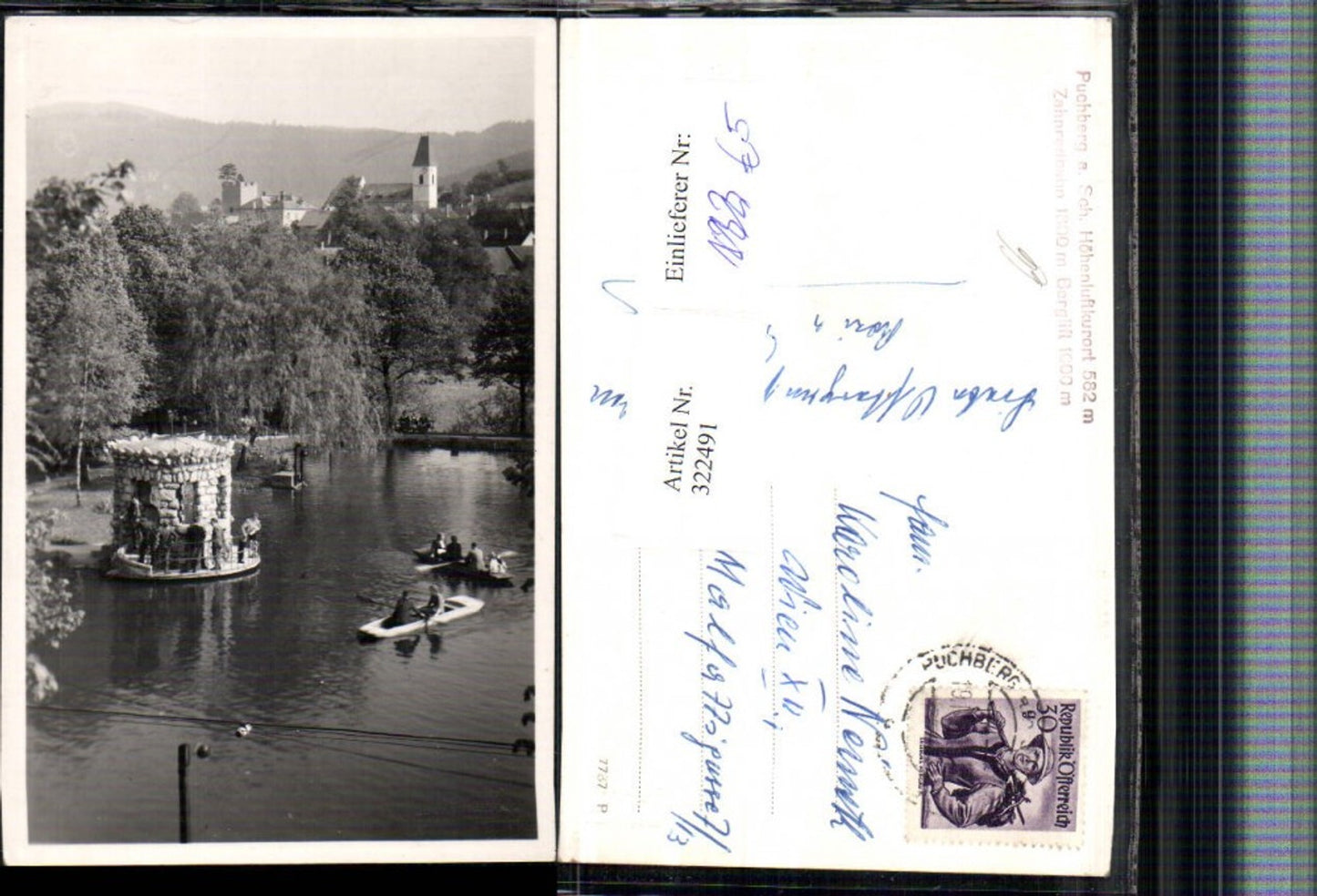322491, Puchberg am Schneeberg, partial view of church, temple, pond, rowboats
