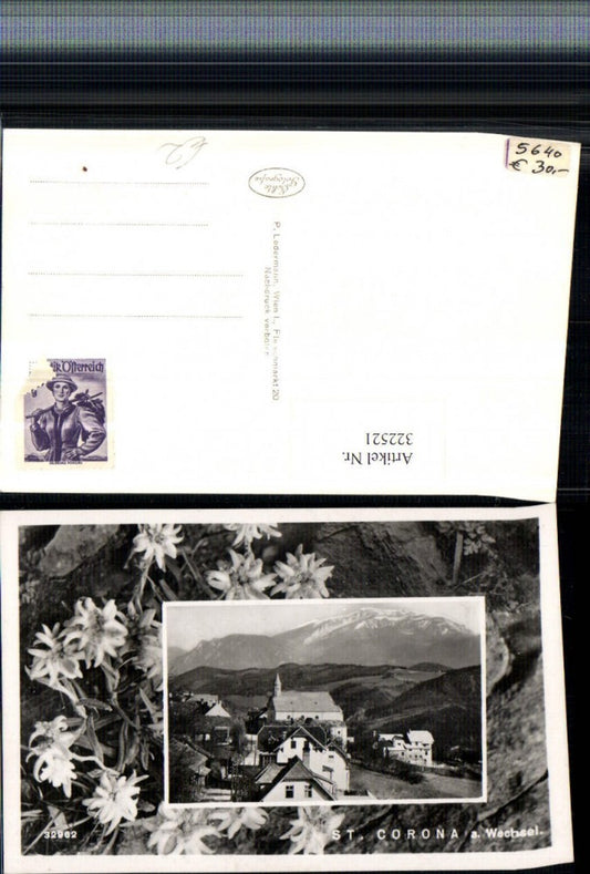 322521,St. Corona am Wechsel Teilansicht Bergkulisse Passepartout Edelweiß