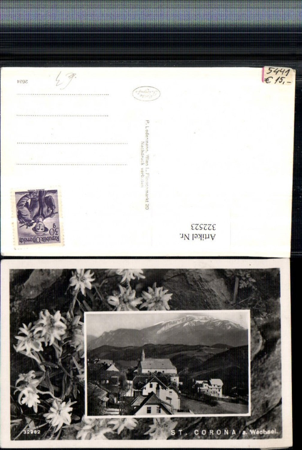 322523,St. Corona am Wechsel Teilansicht Bergkulisse Passepartout Edelweiß