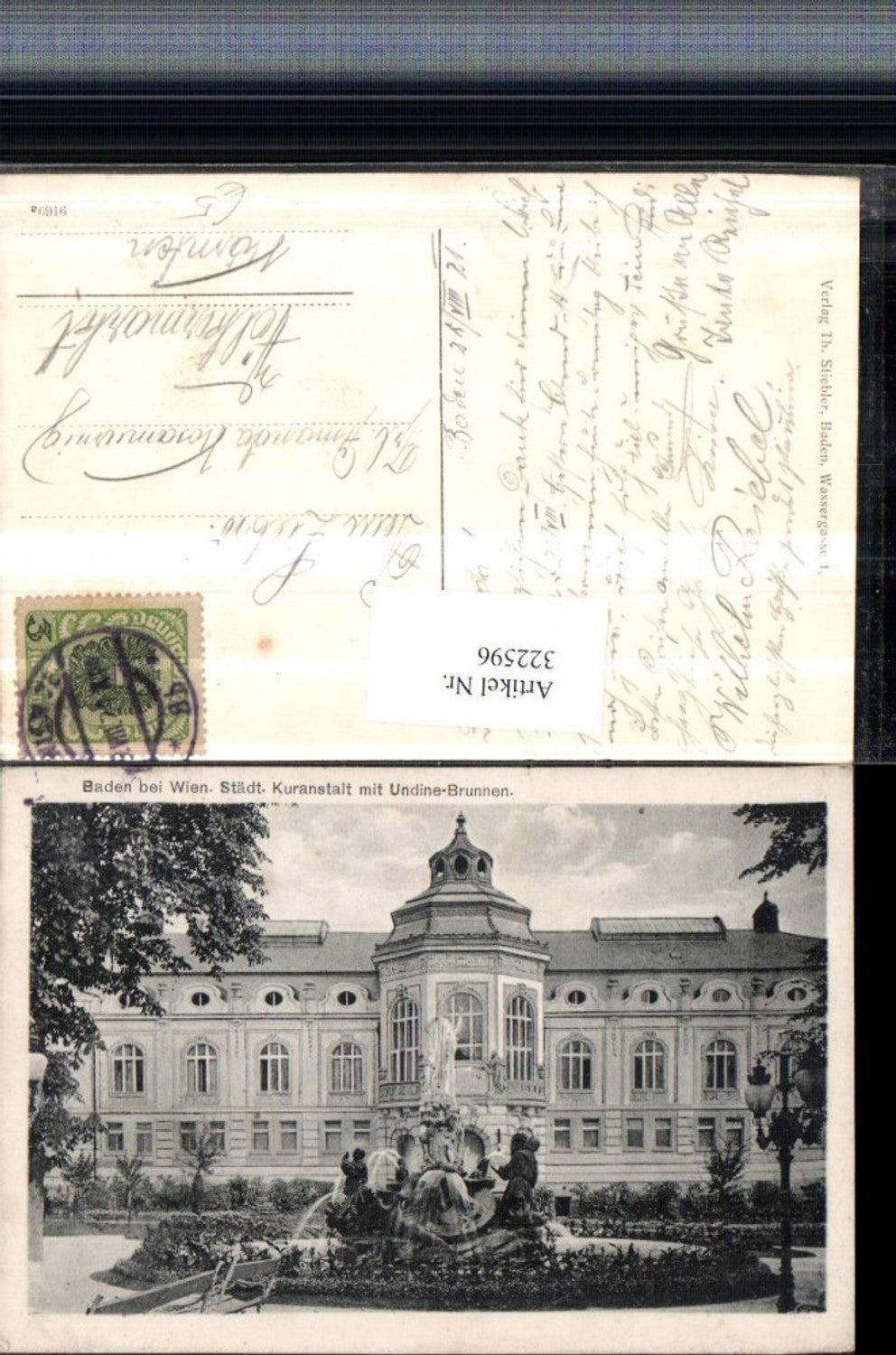 322596,Baden b. Wien Kuranstalt mit Undine-Brunnen Springbrunnen