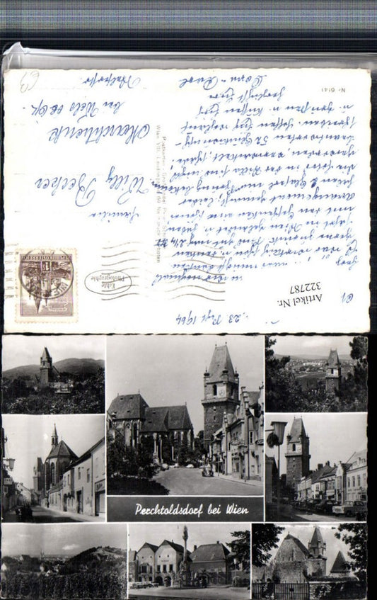 322787,Perchtoldsdorf b. Wien Totale Straßenansicht Stadtturm Kirche Säule Mehrbildkarte
