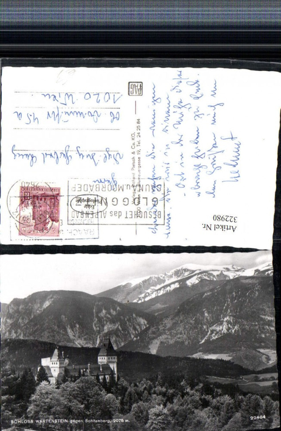 322980,Schloss Wartenstein b. Raach am Hochgebirge geg. Schneeberg Bergkulisse