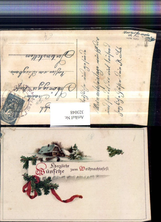 323048, Artist AK Christmas Winter Landscape House Branches Bow