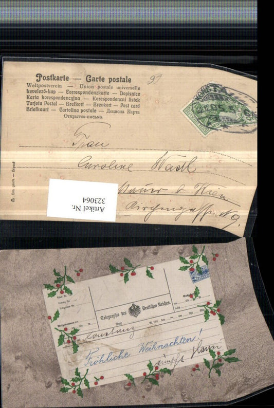 323064, embossed postcard Christmas Telegraph holly