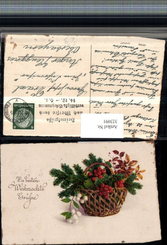 323091, Artist AK Christmas Basket Twigs Berries Leaves Greetings from Home Overseas Stamp