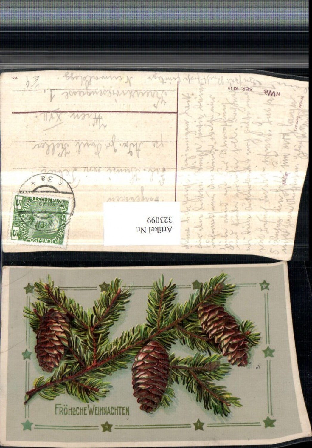 323099, Artist AK Christmas Branch Cone Stars pub HWB 9219