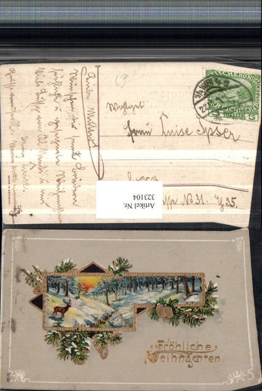 323104, embossed artist postcard with gold trim, Christmas winter landscape, passe-partout, branches