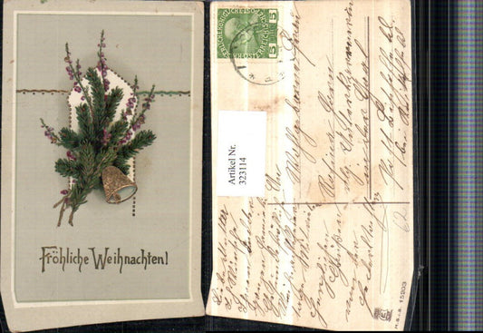 323114, embossed artist postcard with gold decoration, Christmas branches, flowers, bell