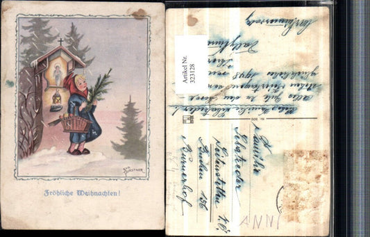 323128, Artist AK Eva Porstner Christmas Girl Basket Wayside Shrine Winter Scene