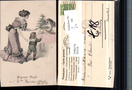 323170, Artist AK W. Braun Christmas Woman Mother Child Dress Christmas Tree Horse Swing