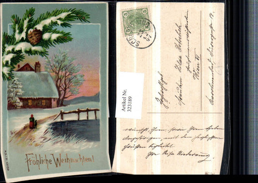 323189, Artist AK Christmas Winter Landscape House Fir Branch Cone