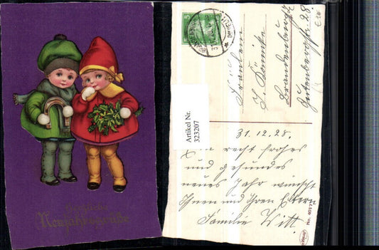 323207, Artist AK Christmas Children with bonnets Horseshoes Mistletoe branches Holly