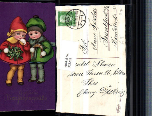 323208, Artist AK Christmas Children with bonnets Horseshoes Mistletoe branches Holly