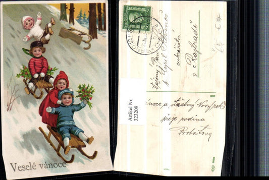 323209, Artist AK Christmas Children b. Sledding Tobogganing Holly Fall pub EAS 5539