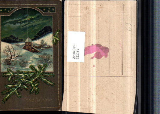 323213, embossed artist postcard Christmas winter landscape passe-partout fir branches