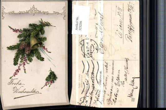 323256, embossed artist postcard Christmas fir branches bells cones flowers