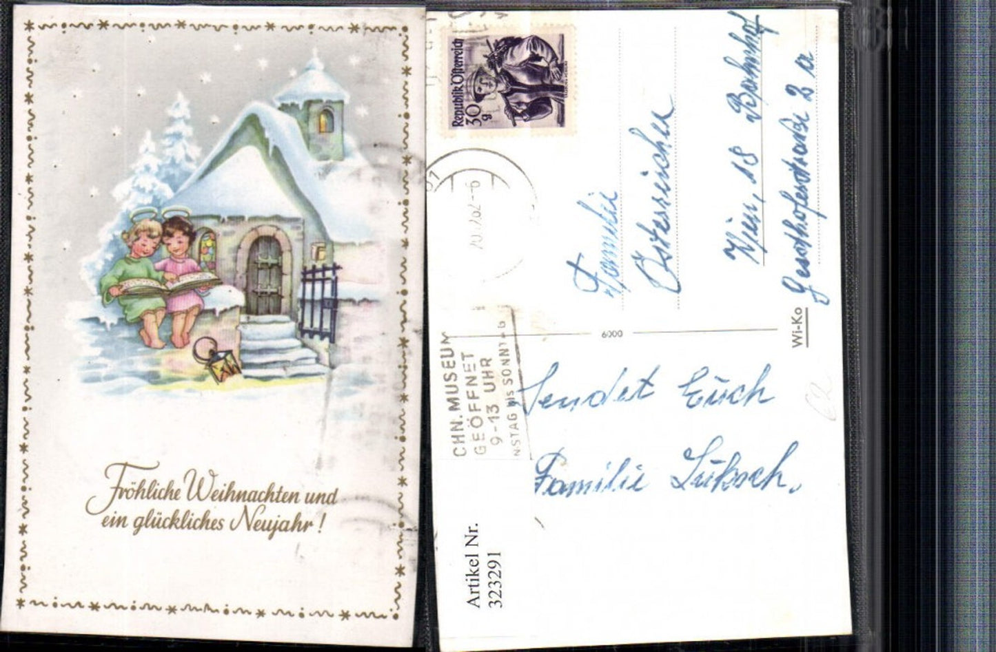 323291, Artist AK Christmas Church Angels Reading Book Lantern