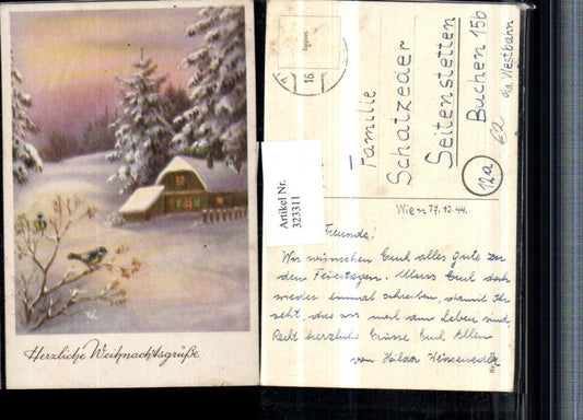 323311, Artist AK Christmas Winter Landscape House Blue Tits Birds