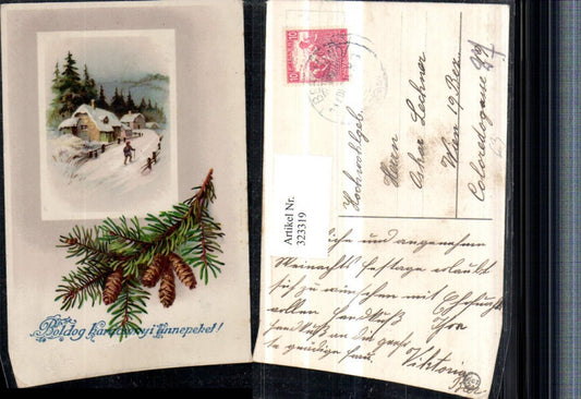 323319, Artist AK Christmas Winter landscape Houses Fir branch Cones