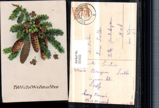 323322, embossed artist postcard with gold decoration, Christmas, fir branches, cones, clover