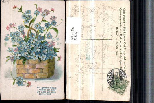 323732,Präge Künstler AK Spruch Zitat Blumenkorb Blumen Vergissmeinnicht