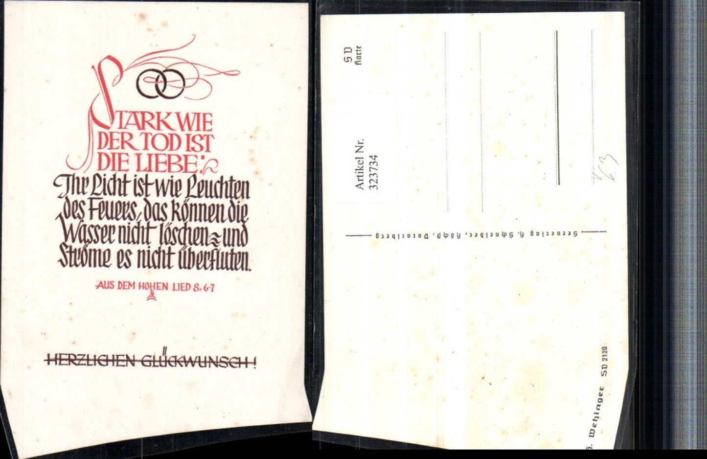 323734, Saying Quote: Love is as strong as death. Wedding rings. Rings. Pub. H. Schneider
