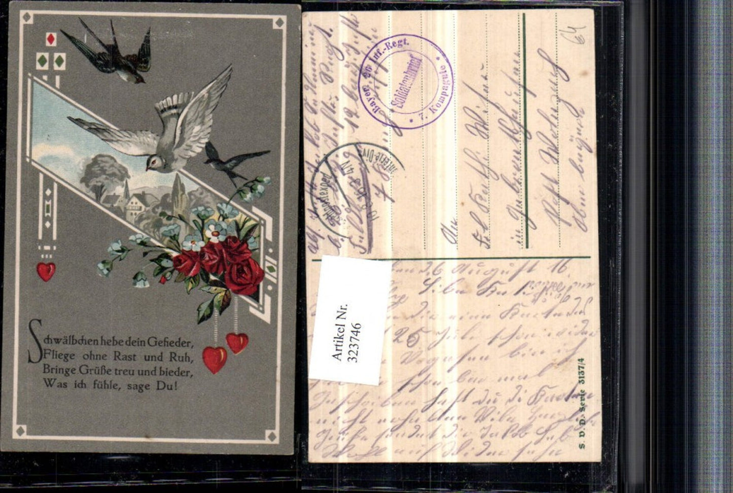 323746, Artist AK Saying Quote Landscape Passepartout Swallows Roses Hearts