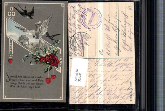 323746, Artist AK Saying Quote Landscape Passepartout Swallows Roses Hearts