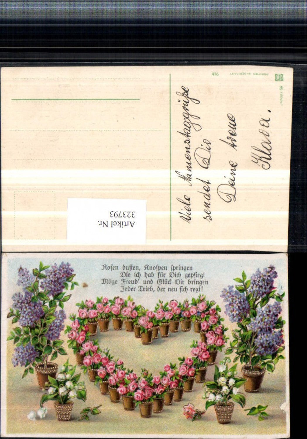 323793, embossed artist postcard with gold trim, saying, quote, roses, lilac, heart