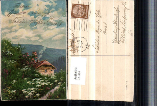 323886,Künstler AK Pfingsten Landschaft Haus Blumen